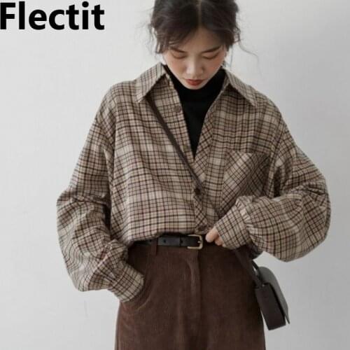 Flectit Flannel Shirt Checked Oversized Long Sleeve Collared Warm Casual Plaid Shirts For Women Soft Girl
