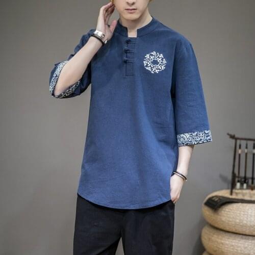 Chinese Style Button Linen T-Shirt Men Summer Embroider Tang Suit Shirt Loose Large Size T-Shirt Japanese Kimono Men New KK3566