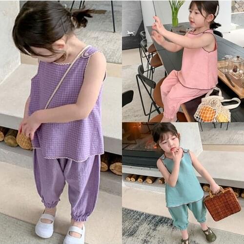 Melario Baby Girls Clothes Sets Summer Fashion Korean Style Kids Girl Plaid Outfits 2Pcs Children Vest And Pants For 3-7Y