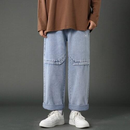 Fashion Mens Vintage Washed Denim Pants Patchwork Dad Jeans Japanese Urban Style Loose Fit Jean Trousers For Male