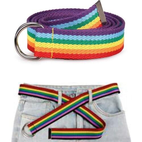 Fashion Rainbow Color Womens Belt Double Ring D-Buck Casual Rainbow Ribbon Canvas Thin Tight Belt Accessories Decorative Belt