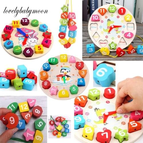 5 Styles Montessori Cartoon Animal Educational Wooden Beaded Geometry Digital Clock Puzzles Gadgets Matching Clock Toy Children
