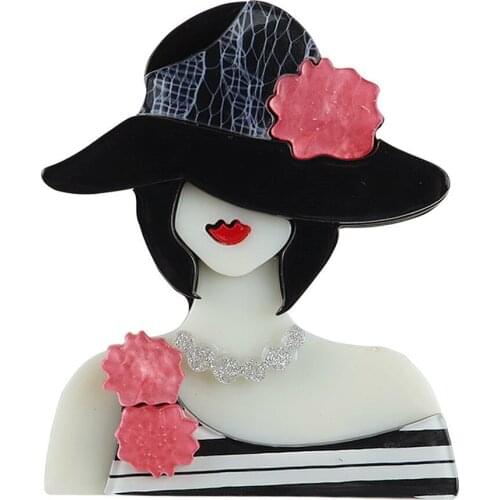 New Creative Cute Black Hat Elegant Lady Acrylic Brooch For Women Lovely Skirt Flower Brooches Badges Lapel Pins Fashion Jewelry