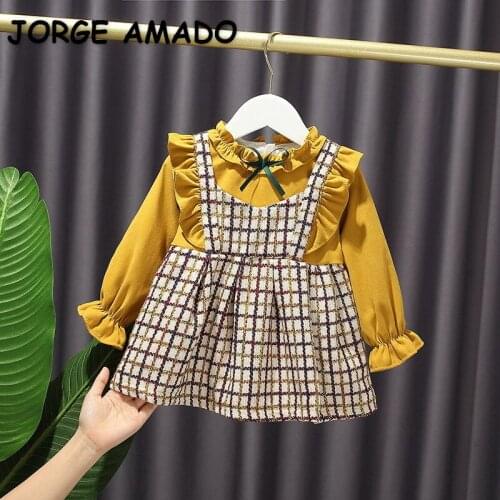 2021 New Spring Kids Girls Dress Patchwork Puff Sleeves Plaid Suspenders Lady Style Princess Dress Baby Fashion Clothes E1126