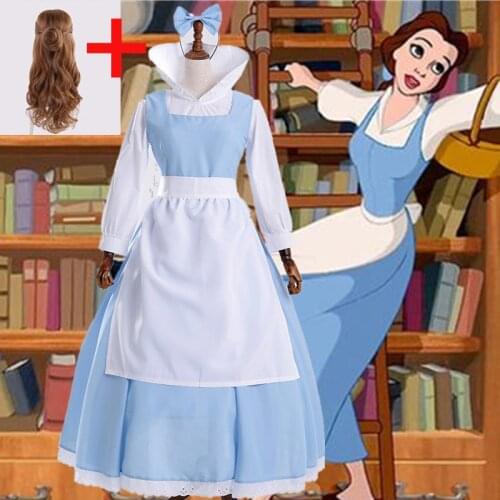 Beauty and the Beast Belle Maid Dress Maid Cosplay Costume Women Blue Full Set Dresses ( Shirt + Dress + Apron + Headwear +Wigs)