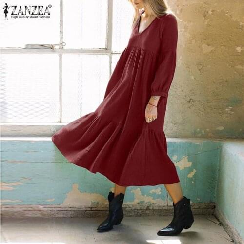 Casual Spring V Neck Vestido Womens Cotton Linen Dresses Lady Solid Puff Long Sleeve Robe ZANZEA Chic Ruffle Midi Dress Oversize