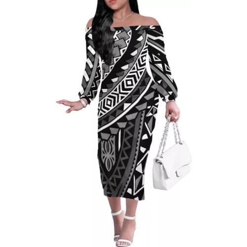 Hycool Long Boho Dress Black Sexy Off The Shoulder Beach Sundress Long Sleeve Polynesian Tribal Women Dresses Summer Vestidos