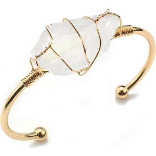 FYSL Light Yellow Gold Color Wire Wrap Irregular Shape Rock Crystal Open Bangle Tourmaline Stone Jewelry