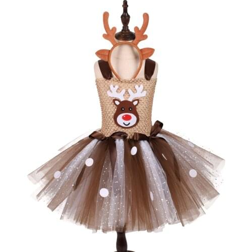 Christmas Elk Girls Dress Brown Cartoon Deer Tutu Dress For Girls Halloween Costume Kids Reindeer Princess Dresses Knee-length