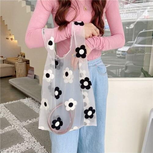 New Women Embroidered Floral Handbag Translucent Organza Mesh Tote Shoulder Bags Daisy Casual Large Shopping Bag