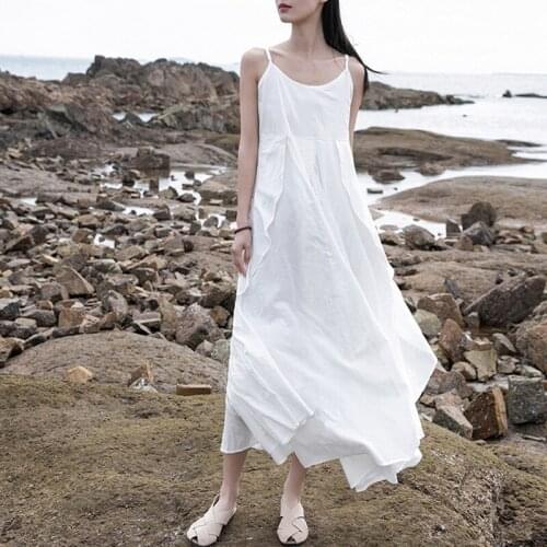 FairyNatural Ladies Cotton Linen O-Neck Dress Vintage 2021 Summer New Patchwork Women Irregular Suspender Dresses Solid Color