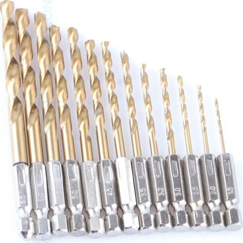 VECONOR 13Pcs Set 1/4" Hex Shank Twist Drill Bits Kit Saw HSS High Steel Titanium Coated Drill Woodworking Tools 1.5mm To 6.5mm