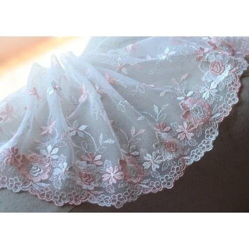 2 Yards Lace Trim Pink Rose Floral Embroidered Ivory Tulle Lace 6.69 Inches Wide