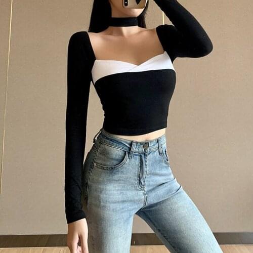 2020 Brand New Women Fashion T-shirt Colorfv Block Long Sleeve Sexy Choker Black T-shirt Crop Top Camisas De Mujer Elegantes