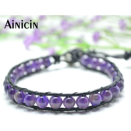 5pcs Natural Crystal 6~8mm Round Beads Handmade Leather Knitted 19~22cm Adjustable Bracelets For Men and Women Gift Jewelry