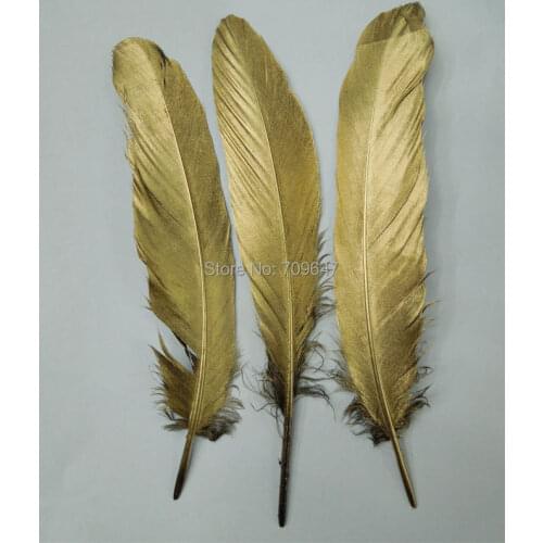 50pcs/lot 13-20cm Beautiful handmade gold feathers,gold painting goose Satinettes feathers for wedding DIY party performance dan