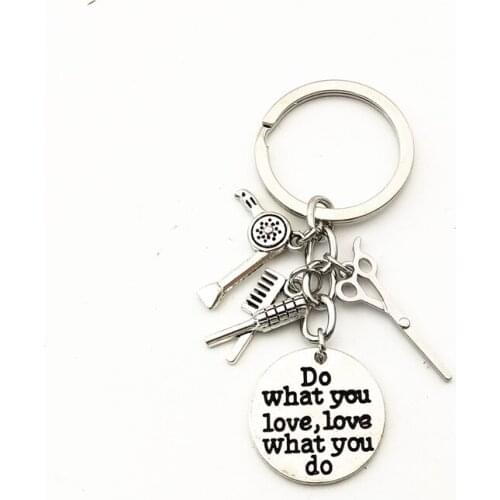 1pcs Hairstylist Keychain Comb Hair Dryer Scissors Key Chains Alloy Gold Silver Keyring For Women Men Jewelry Barber Gift