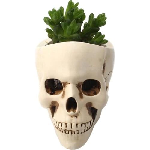 Skull Resin Flower Pot Desktop Hollow Ornament Candle Holder Pen Storage Rack Home Office Bar Halloween Party Garden Decoration