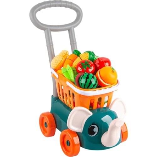 Kids Supermarket Playset with Toy Shopping Cart, 16 Play Food Fruit Vegetables for Baby Pretend Play