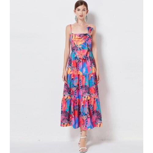 Designer Tropic Bow Knot Spaghetti Strap Holiday Dress for Woman Sleevelss Floral Print High Wiast Backless Long Dress k6078