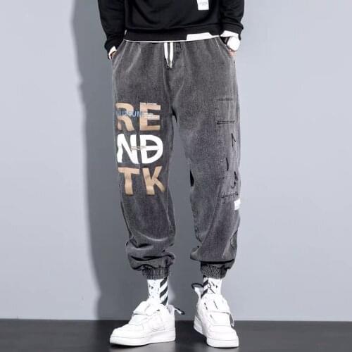 Hip Hop Print Denim Pants Streetwear Casual Harajuku Elastic Waist Jeans Pant Man Oversize Loose Joggers Men Trousers Black 2020