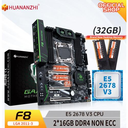 HUANANZHI X99 F8 X99 Motherboard with Intel XEON E5 2678 V3 with 2*16G DDR4 RECC NON-ECC memory combo kit set NVME SATA USB 3.0