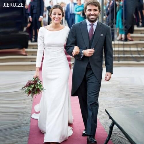 JIERUIZE Elegant Simple Mermaid Wedding Dresses Scoop Neck Long Sleeves White Satin Bridal Gowns Backless robe de mariee