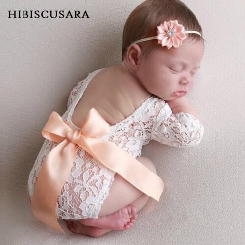 Newborn Baby Lace Romper Big Ribbon Bowknot Infant Girl Lace Photography Clothes Bodysuit With Headband Photh Shoot Clothing