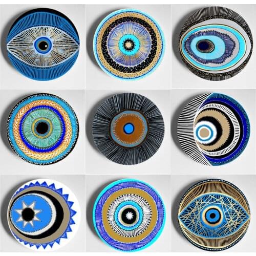 Colourful Bohemian Wall Plate Blue Evil Eye Painting Decorative Plate Porcelain Decor Garden Home Bar Art Display Plate