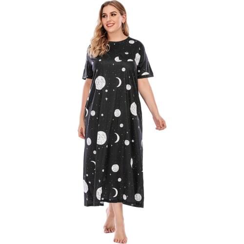 Hot Summer Casual Ladies Pajamas Silk Print Star Plus Size Dress Sleepwear Loose Printed Long Skirt Home Party Womens Nightie