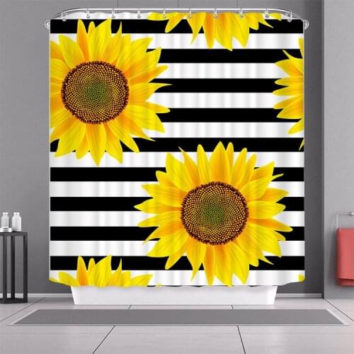 Fashion Sunflower Shower Curtain Yellow Flowers Black Background Floral Creative Waterproof Fabric Bathroom Curtain Spring Plant