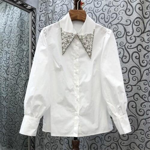 Fashion Design Beaded Collar Women White Shirts Summer 2021 Turn-Down Collar Long-Sleeved Slim Elegant Office Lady Outwear Tops