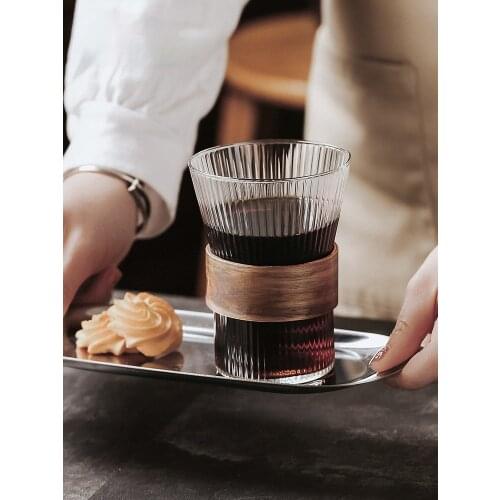 GZSH Japanese Vertical Pattern Glass Coffee Cup Set Cup Bamboo Sleeve Tempered Heat-resistant Heat Insulation High-value Simple