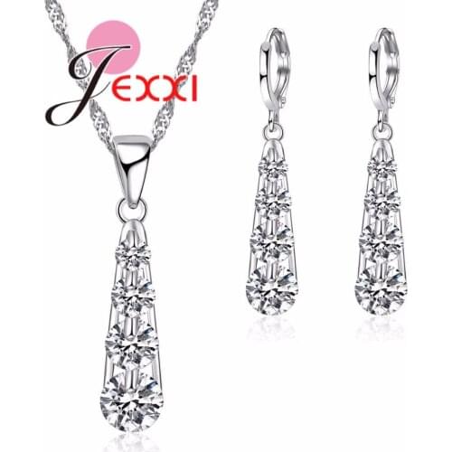 New Bridal Wedding Silver Jewelry Sets For Woman Cubic Zircon Crystal Pendants Necklaces Drop Earrings Party Set