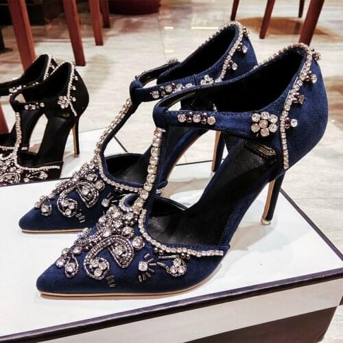 Autumn new style rhinestone suede stiletto high heels sexy shallow mouth banquet dress crystal pointed toe all-match female sand