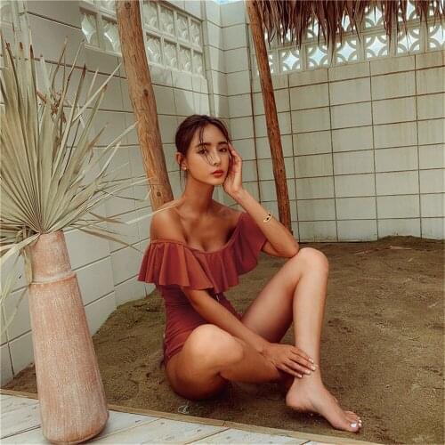 Sexy Off Shoulder One Piece Swimsuit Women Solid Swimwear Ruffle Monokini Belt Tie Bathing Suit Pleated Tummy Control Pad Korea