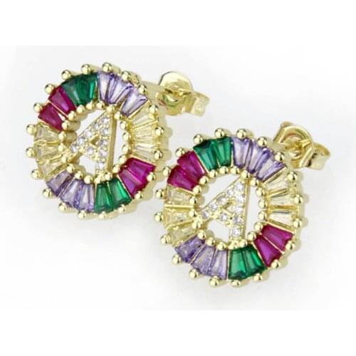 Rainbow Zircon Letter Earrings Custom Colorful Cubic Zirconia 26 Alphabet Letter Charm Stud Earrings for Women Jewelry