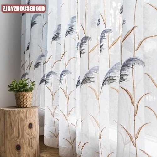 Luxury reed bulrush embroidered tulle linen curtain for bedroom brown blackout curtain for living room Japanese window drapes