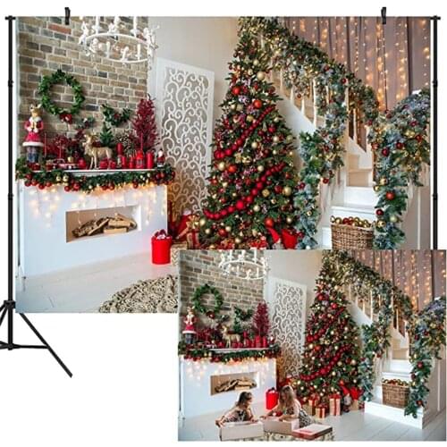 Christmas Theme Backdrop Party Decorative Tree Gift Stairs Fireplace White Retro Wall Photography Background For Photo Studio