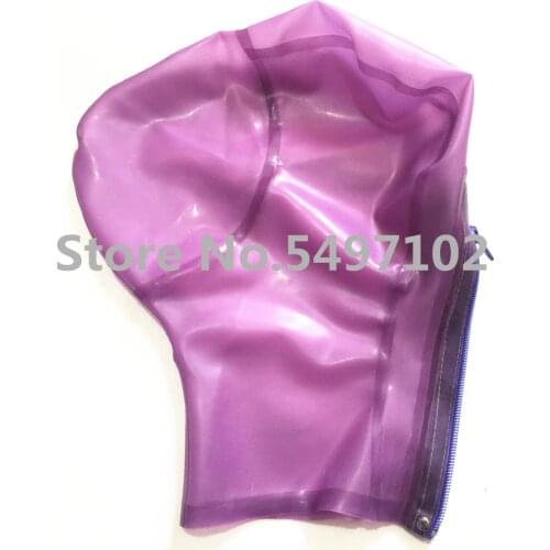 Sexy Latex Women Full Head Latex Rubber Mask Transparent Purple Hoods Fetish Cosplay Mask Back Zipper Club Wear