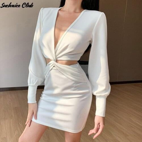 Sexy X-shaped V-neck Puff Sleeve Tight Dress Womens Solid Color Long Sleeve Slim Dress Bodycon Dress for Women