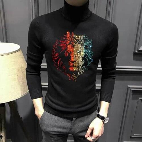 Woolen Clothes Turtleneck Mens Sweater Winter Warm Sweatshirt Hot Rhinestone Colorful Lion Head Brand Pullover Hip Hop Design
