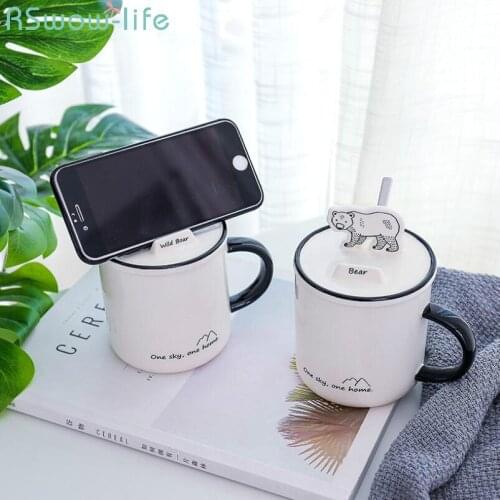 Cute Cartoon Forest Animal Mug Cup With Lid And Spoon Office Coffee Cup Mark Cup Ceramic Mug Kitchen Bar Drinkware