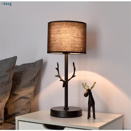 Nordic Black Antlers Table Lamps Childrens Room Bedroom Bedside Deco Desk Lights Modern Study Living Room Fabric Shade Lighting