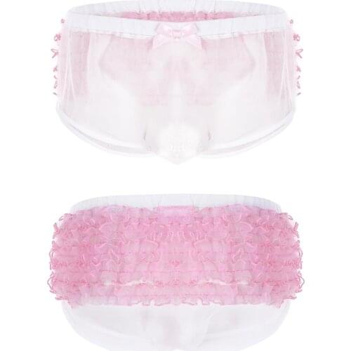 Mens Briefs Frilly Ruffle Lace Transparent Underwear Knickers Sissy Crossdressers Lingerie Organza Sissy Briefs Underwear Pants