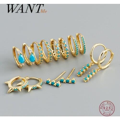 WANTME New Arrival Fashion Korean Blue Zircon Spike Geometric Stud Earrings for Women Real 925 Sterling Silver Gothic Jewelry