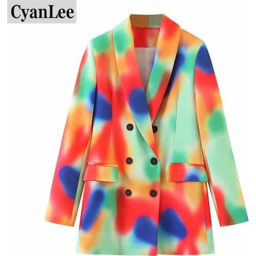 Coat Women Tie-dye Hit Color Double Breasted Blazer New Lapel Long Sleeve Loose Jacket Fashion Tide Spring Autumn 2020 Tops