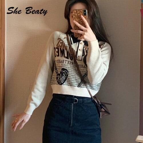She Beaty Knitted Swater Pullovers Women Turn-Down Collar Long Sleeve Vitnage Letter Casual Traf Jumper Tops Pull Femme Clothins