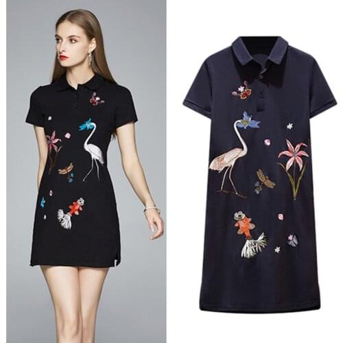 5XLSummer Birds Floral Retro Heavy Embroidery Mini Dress Women Casual High Fashion Long Tdress Spring Dresses Vestidos SY067