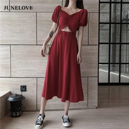 JuneLove Vintage Hollow Out Solid Sexy Dress Women Fake Two Pieces Summer V Neck Street Chic 2020 Summer Midi Dresses Vestidos